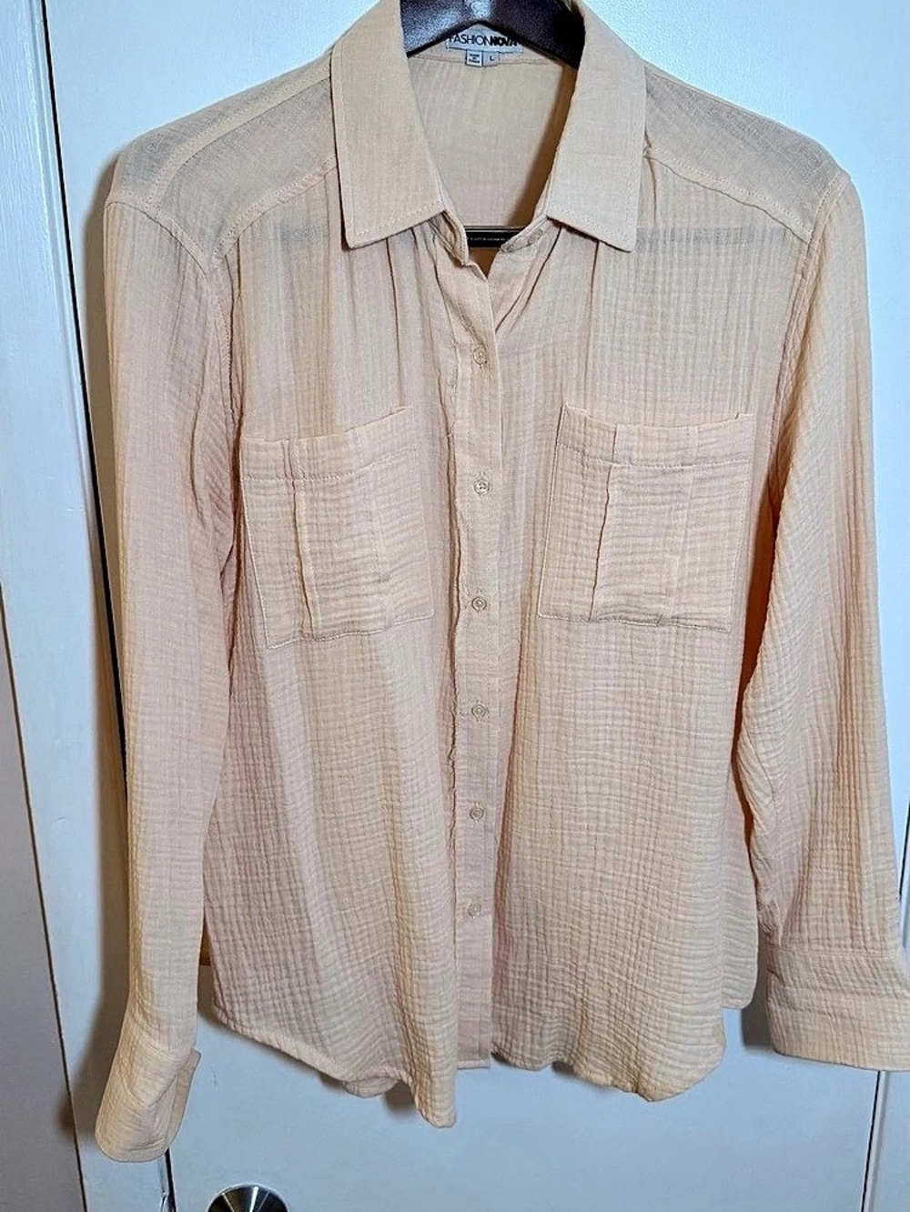 Two Fashion Nova Button Down Shirts in Cream and orange - Size Large